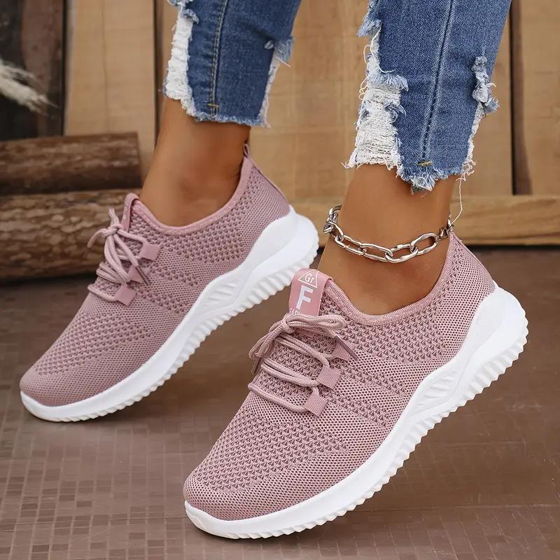 Womens Breathable Knitted Thick Sole Sports Shoes Casual Laced Outdoor Shoes Comfortable Low Top Running Shoes