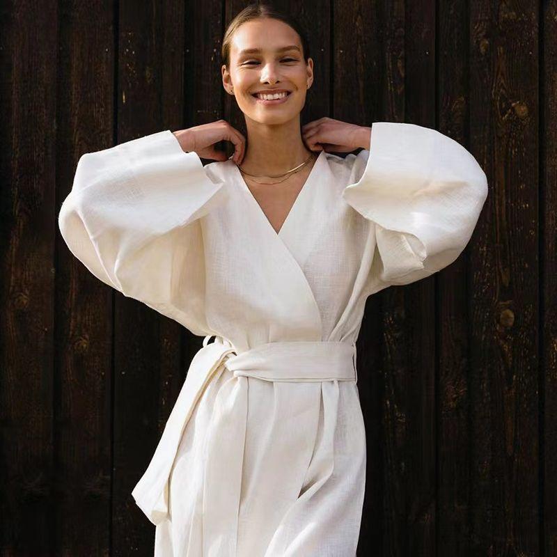 

Fashion Style Summer Fashion Women s Loose V-neck Lace-up Dress Moisture-Wicking Clothing Loose Lace up Dress White S