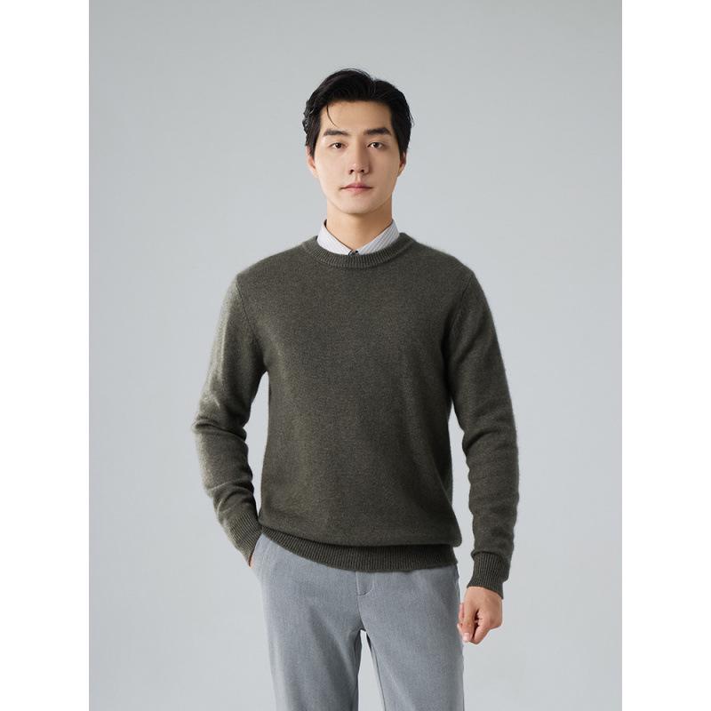 Men's Winter 2025 Cashmere Round Neck Sweater - Thick, Long Sleeve, Business Casual, Solid Color Knit Base Layer