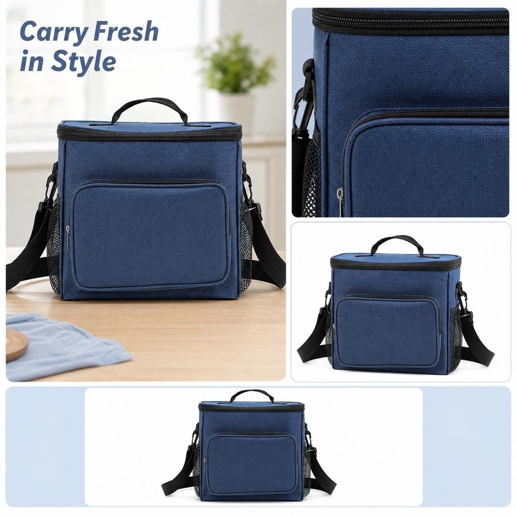 Oxford Cloth Portable Foldable Lunch Bag with Handle and Shoulder Strap Insulated Cooler Bag for Outdoor Work Travel and School Use