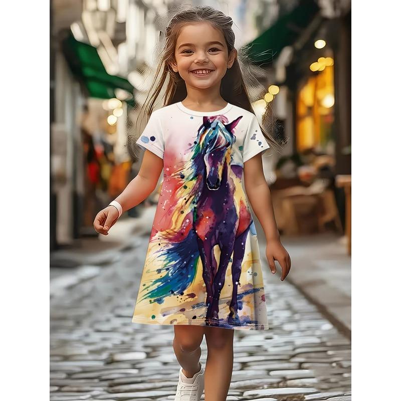 Children's Clothing Girl Cute Funny Animal Horse 3D Printed Graphic Summer Dresses Comfortable Crew Neck
