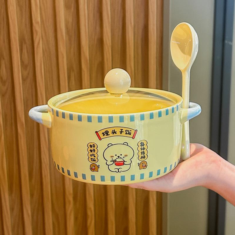 Cute Cartoon Instant Noodle Bowl with Lid, Large-capacity Ceramic Noodle Bowl for Dormitory Students, Binaural Snail Powder Bowl for Personal Use