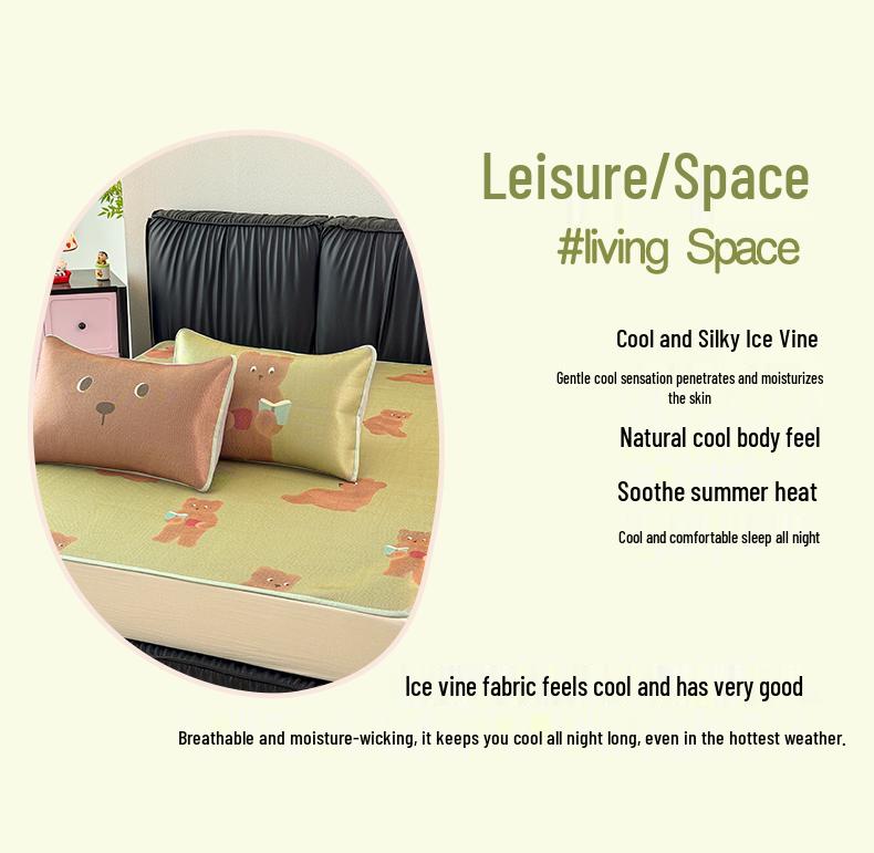 Green Little Bear Ice Silk Cooling Mat Set: Washable, Foldable, Soft - Free Shipping