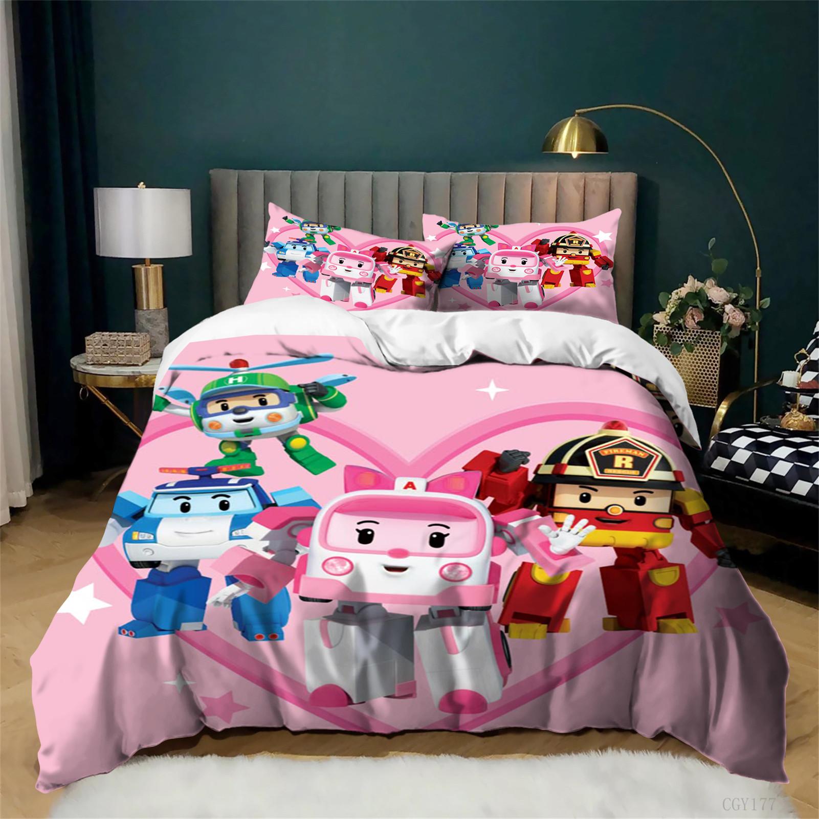 3pcs Roboc-ar Poli Duvet Cover Set All Season Lightweight Bedding Set Cartoon Soft Breathable Quilt Cover with Zipper Closure 135x200cm