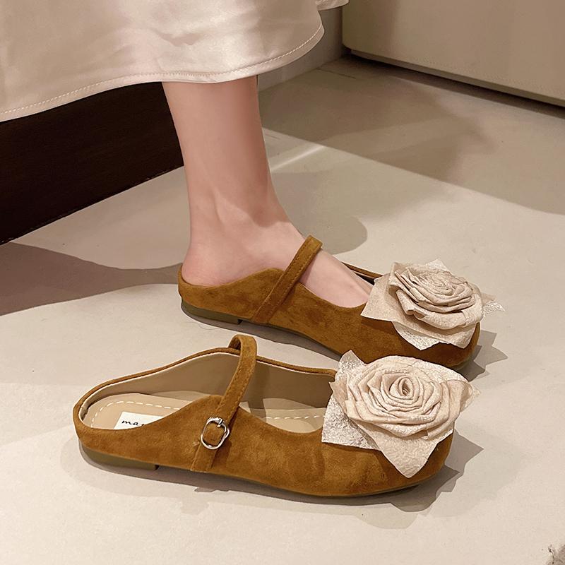 Fashion Aphixta New Big Flower Dec Slippers Khaki Sweet Women Slippers Soft Sole Slip On Outside Round Toe Shoes Flat Heel Fashion Slide