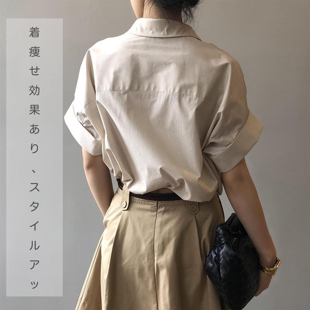 Blouse for Short Sleeve Office Commuting [Quiet Wave] Women, Top, Chiffon, Plain, Buttonless, Collared, Slimming, Elegant, Figure-Hidden, Stylish,