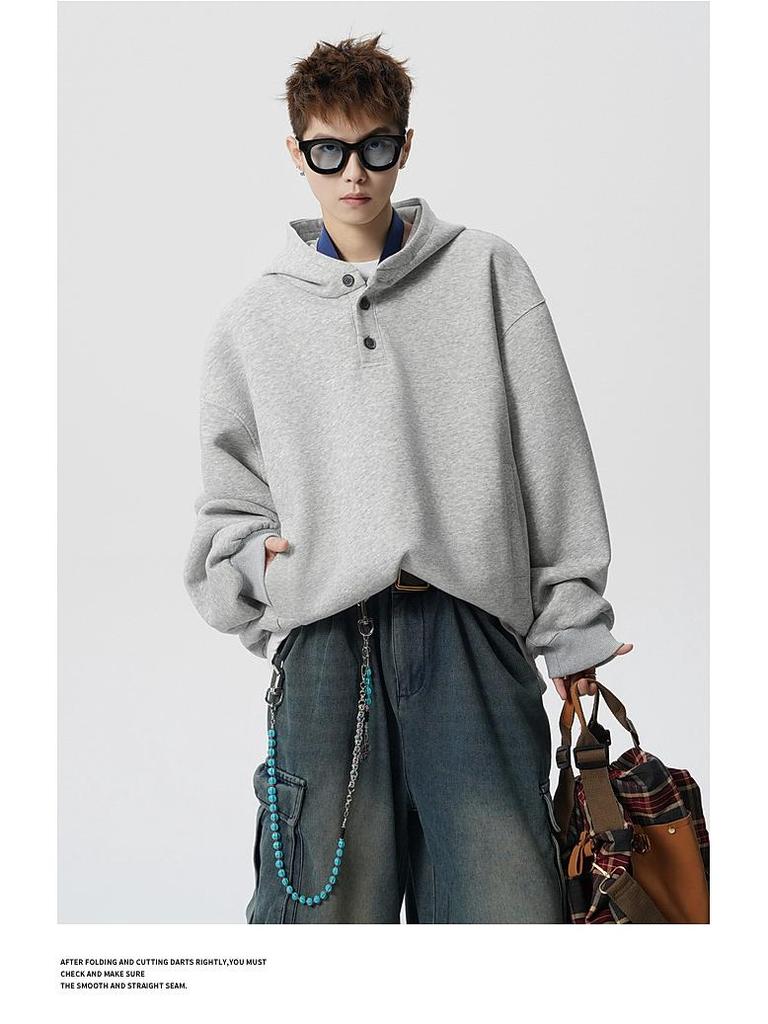 Unisex Retro Heavyweight Fleece-Lined Button-Up Hoodie: Trendy and Loose Fit