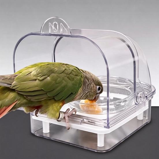 Bird Cage Accessory Feeder with Bowl, Transparent Parrot Bathtub Food Container, Indoor No Mess Shower Box for Parakeet Cockatiels