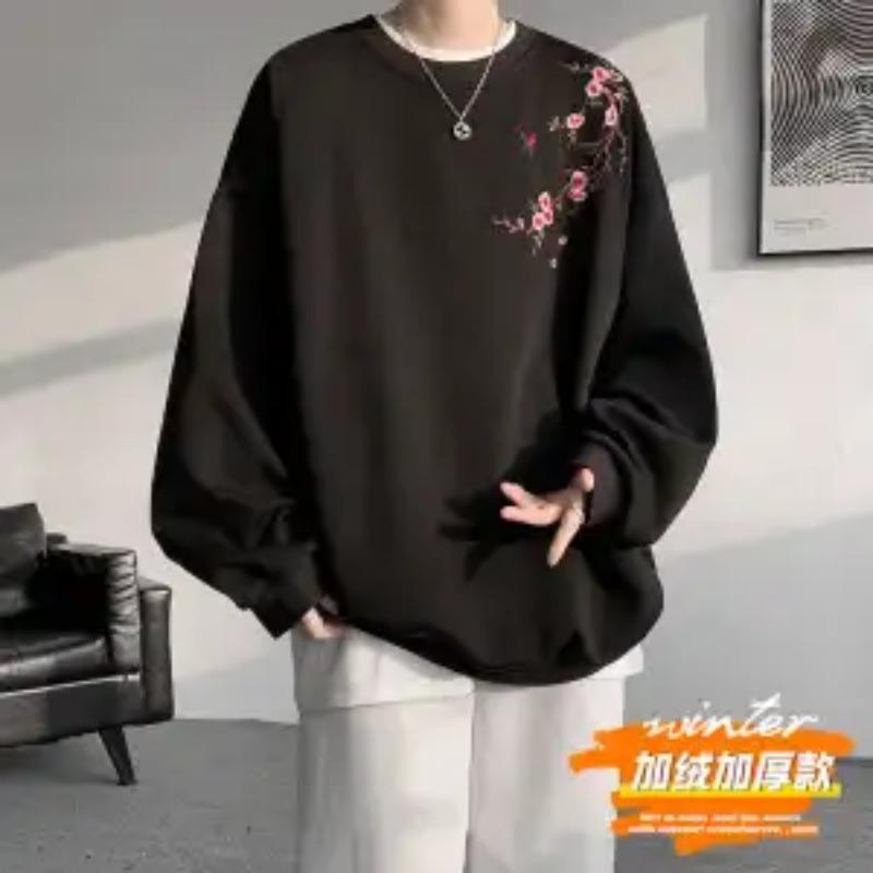 Retro National Trend Plus Velvet Sweatshirt Men's Autumn Winter New Casual Long-sleeved Inner Base Shirt