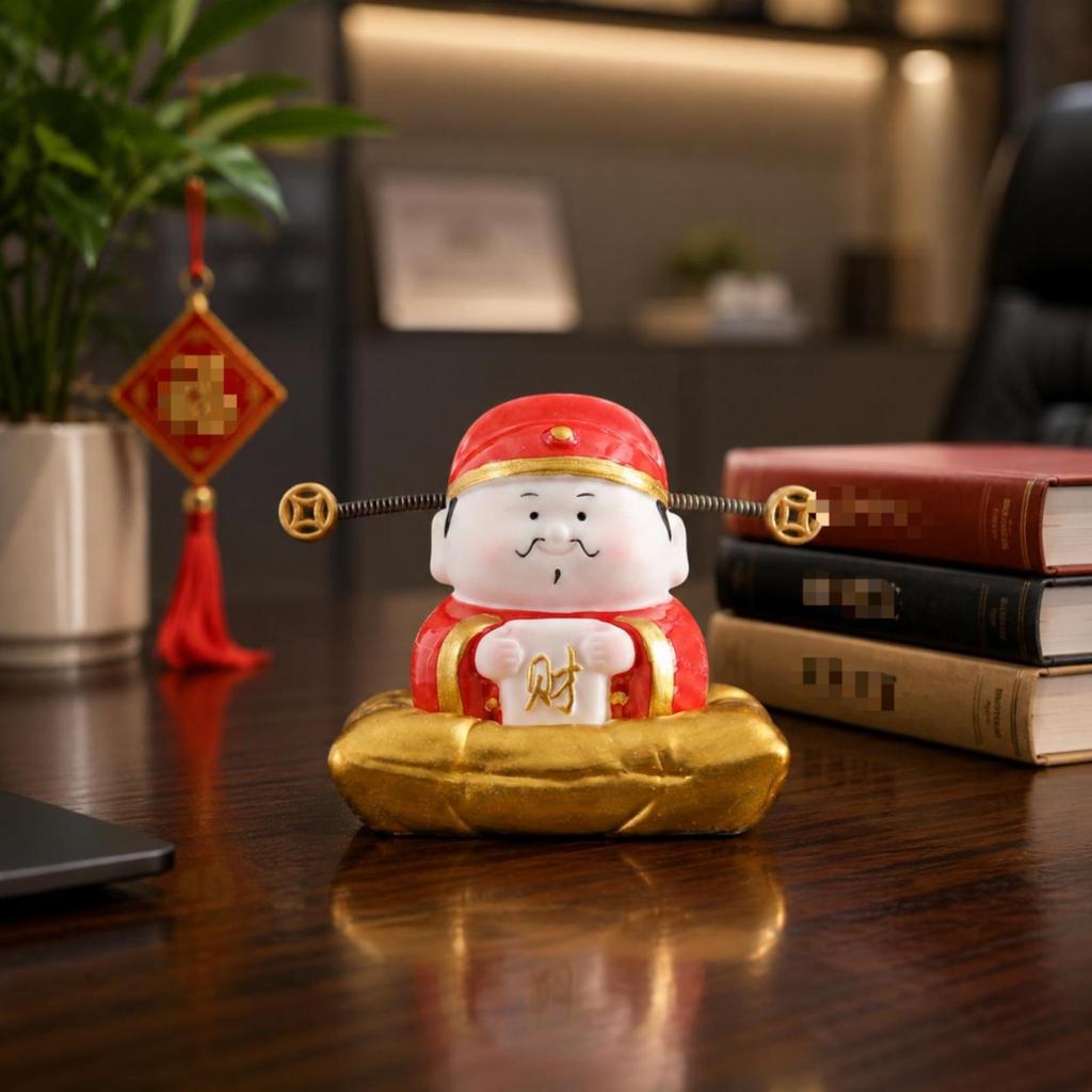 Smiling Wealth God Figure Monetary Disc Ornaments Cai Shen Figurine Spring Wire Deity Statue
