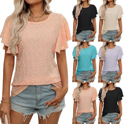 Women's Summer T-shirt with Flower Fashion Hollow Lotus Leaf Sleeves Casual Top Shirt