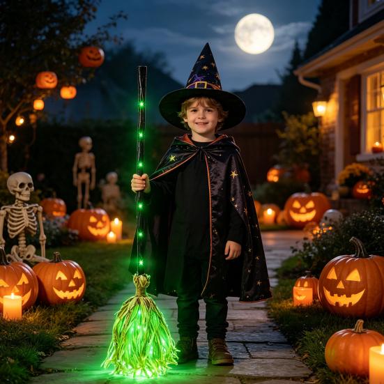 Accesorio de Disfraz de Halloween Escoba de Bruja con Luz LED Verde, Escobilla de Mago Brillante para Cosplay, Atrezo para Fiestas Temáticas, Decoraciones para Interiores y Exteriores