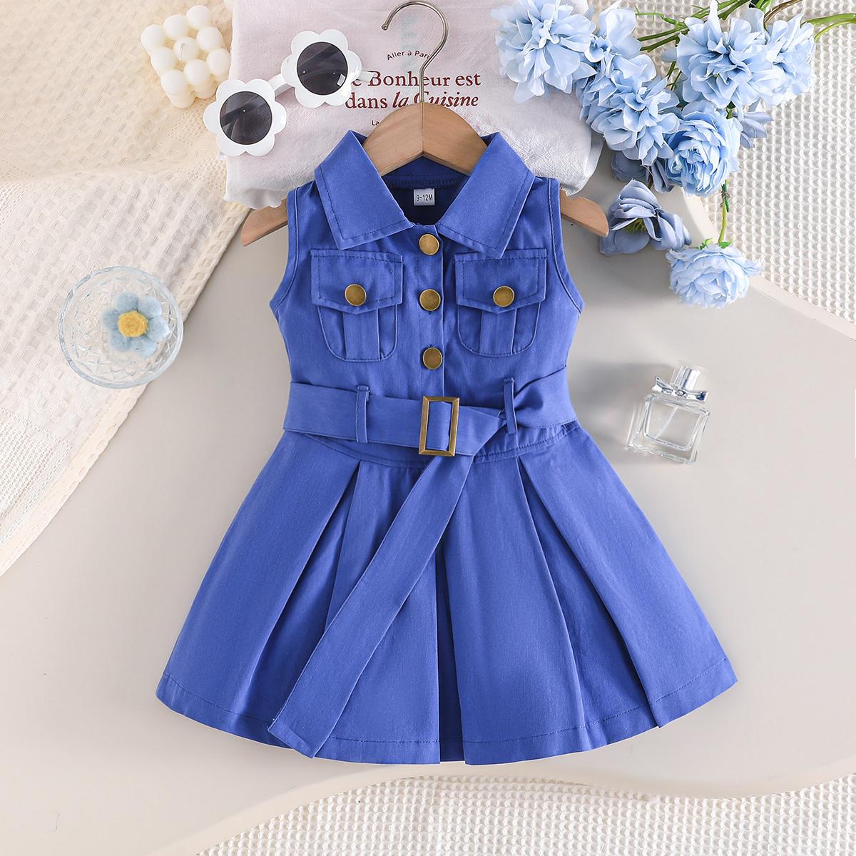 

Girls Solid Color Sleeveless Belted Dress 4Y хан синього кольору