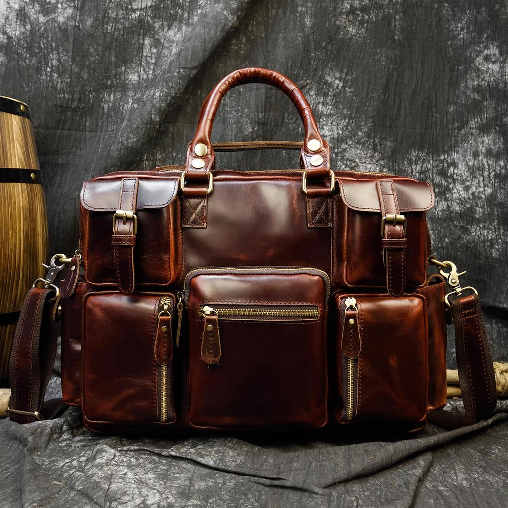 Vintage Crazy Horse Leather Travel Bag Men'S Business Cowhide Briefcase Genuine Leather Portable Oblique Span Bag Briefcase