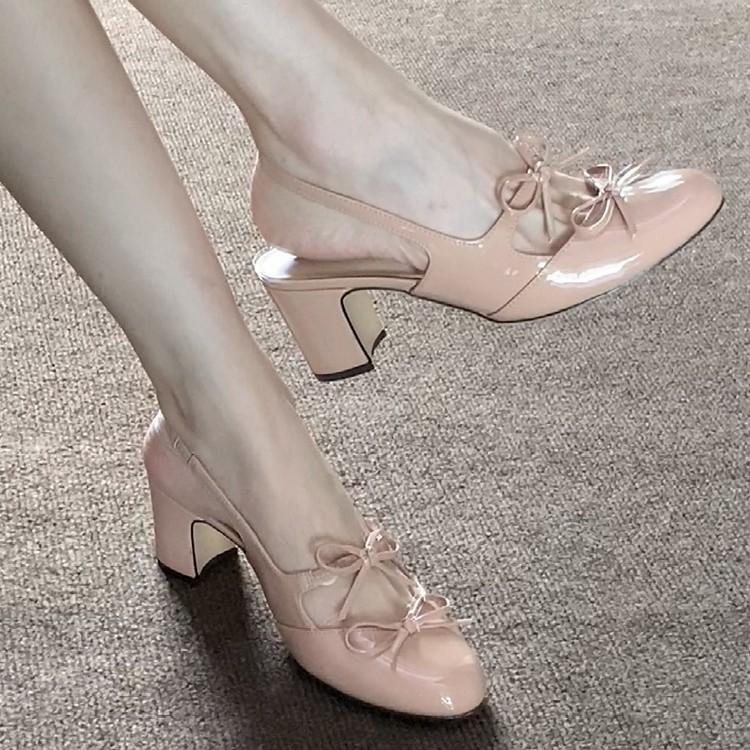 Soft Leather Version~ French Temperament Bow Height Increase 5cm High Heels Women's 2025 New Shallow Single Shoes Mary Jane Shoes