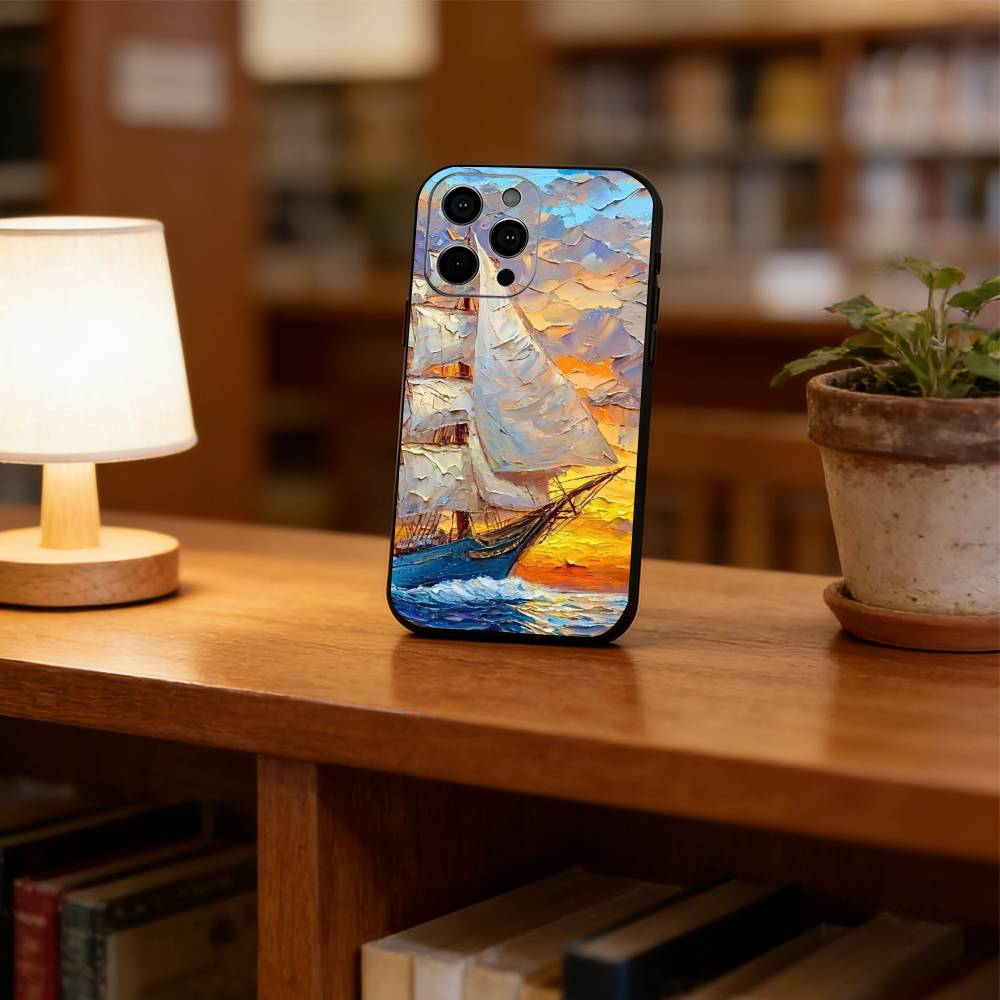 Oil painting sailboat Phone Case For iPhone 17,16,15,14,13,12,11 Plus,Pro Max,XS,Soft Silicone Black Cover