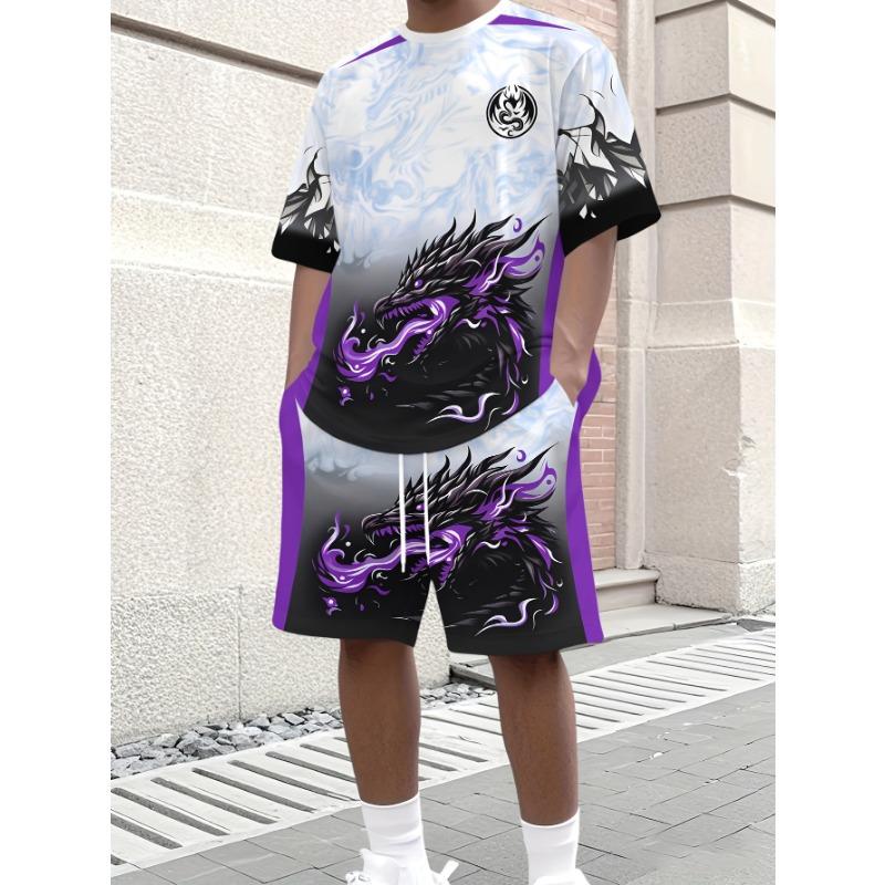 

Мужской повседневный модный комплект 3D-принт с узором дракона футболка с круглым вырезом шорты S