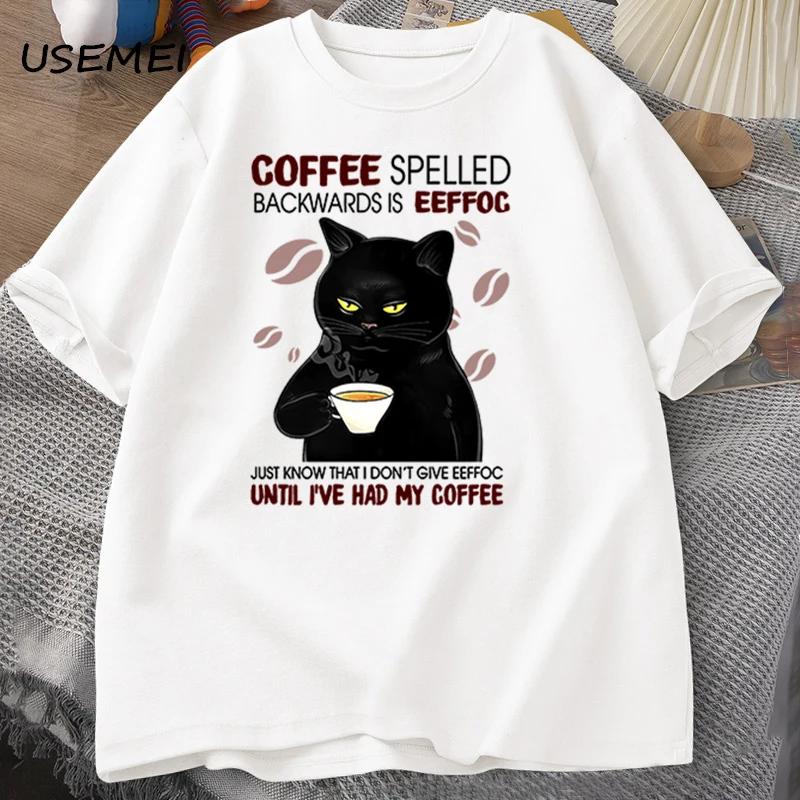 Kaffe baklänges Katt T-shirt Rolig Söt Grafisk T-shirt Sommar Unisex Bomull ONcek T-shirt Oversized Unisex Kläder oversized