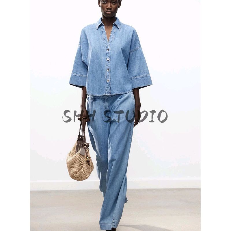 Wide Sleeve Minimalist Casual Denim Shirt 1879025 High Waist Pleated Wide Leg Leisure Casual Denim 1879026