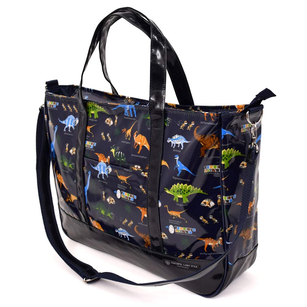 COLORFUL CANDY STYLE Gusseted School Bag for Boys, Laminated, Durable Zipper, Adjustable Length, Vinyl Coated, Discover! Explore! Dinosaur Continent (