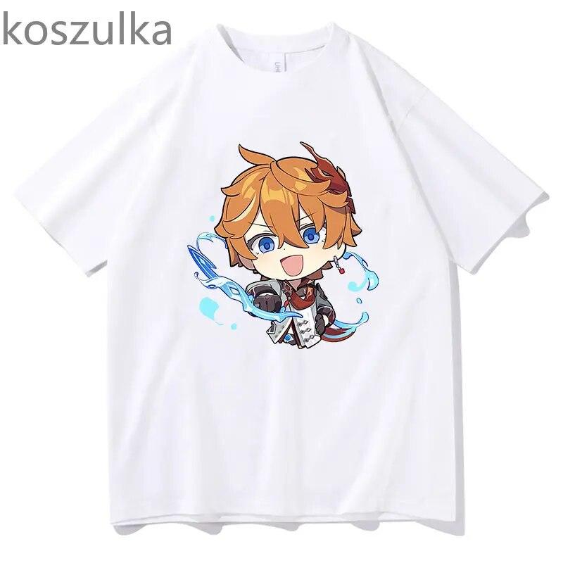 Tartaglia T-shirt Genshin Impact - Chibi Childe Couple 100%Cotton Cute Cartoon Print Women Shirt Summer Cozy Soft Casual Tops