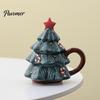 Christmas Tree Coffee Mug with Star Lid, 340ml Festive Holiday Cup for Hot Gift Girlfriend at Cocoa And Milk, Retro Curved Handle Microwave