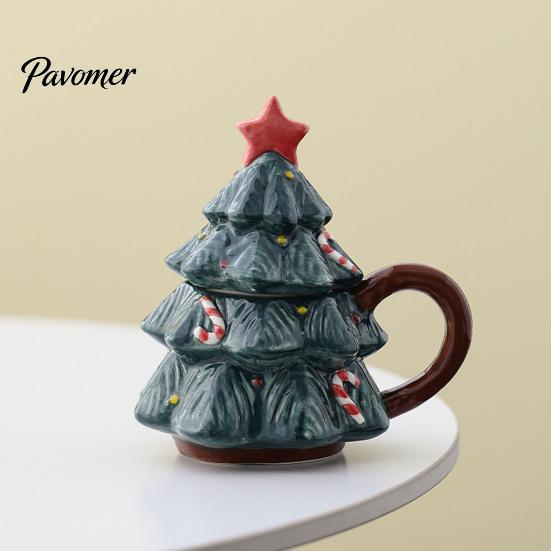 Christmas Tree Coffee Mug with Star Lid, 340ml Festive Holiday Cup for Hot Gift Girlfriend at Cocoa And Milk, Retro Curved Handle Microwave