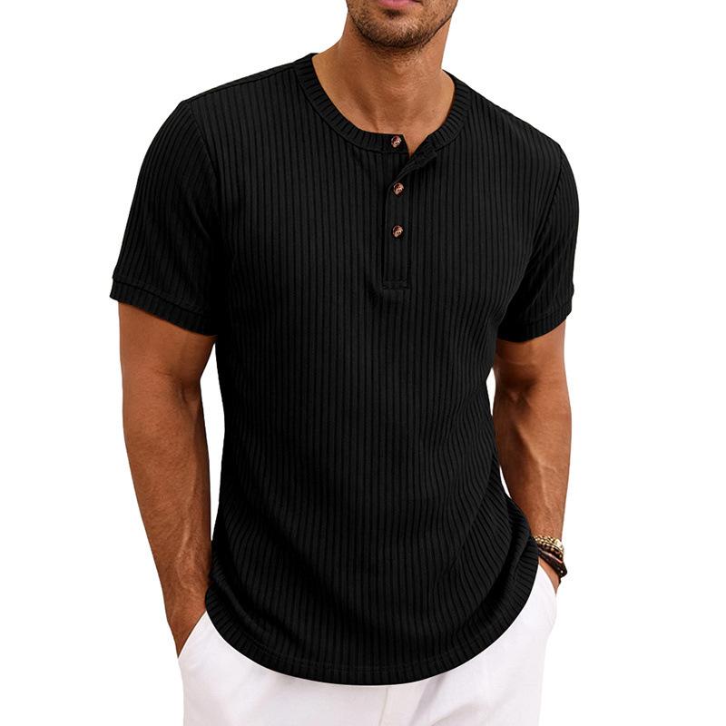 Men Retro Casual Ribbed Henley Short Sleeve Sports T Shirt
