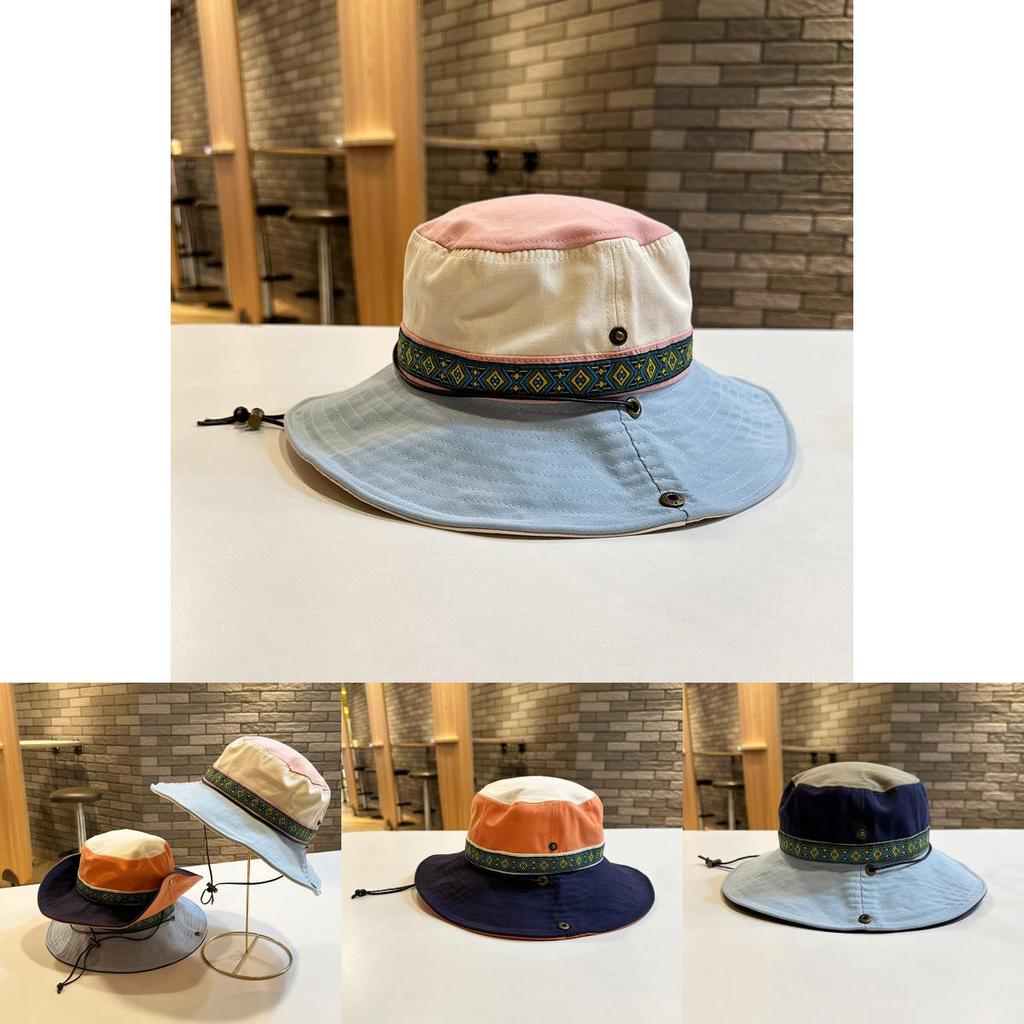 Retro Ethnic Style Sun Protection Fisherman Hat For Women Blue Color Block Wide Brim Hat Men Outdoor Hat