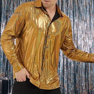 Podzimní Pánská košile Lesklý Lesklý Povrch Límec Jednořadý Dlouhé Rukávy Volné Jednobarevné Vánoční Party Noční klub Taneční Streetwear Top