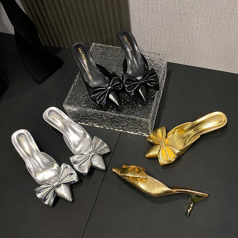 Fashion Bow Women Mules Shoes Pointed Toe High Heels Slippers New Party Sandals Luxury Sexy Woman Brand Party Pumps Zapatos