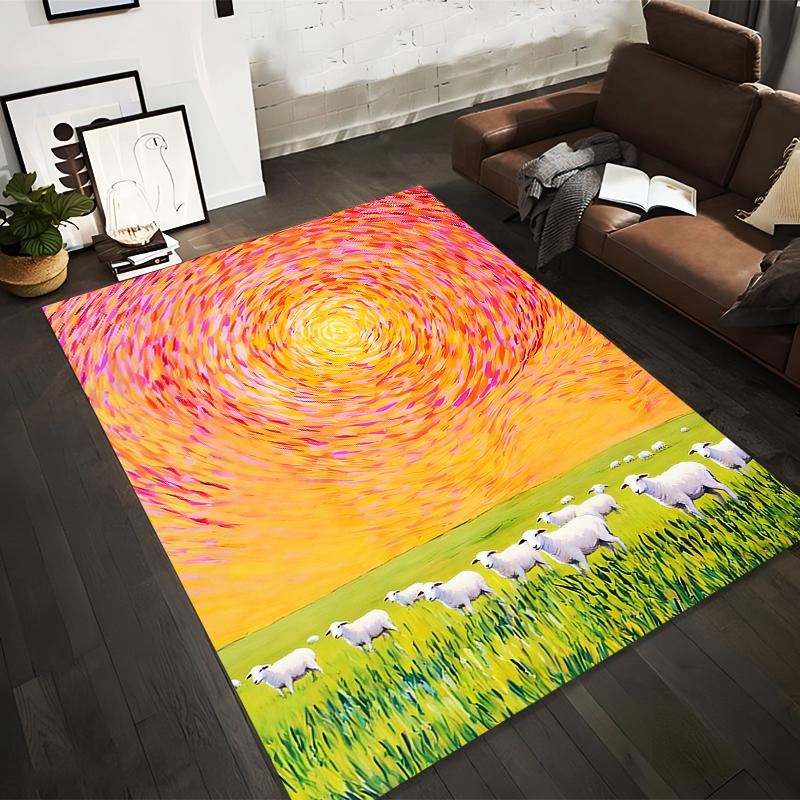 

Colorful Pastoral Landscape Carpet with Sheep and Swirling Sun Art Suitable for use as an anti-slip for living room bedroom sofas 40x60cm( 15x23in )