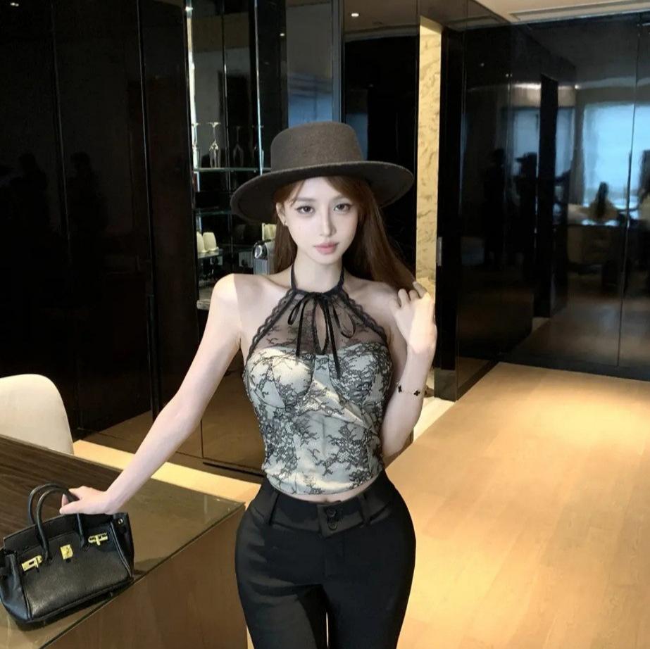 #Summer New Pure Desire Wind Lace Hollow Bow Neck Vest Slim and Thin Fixed Belt Chest Pad