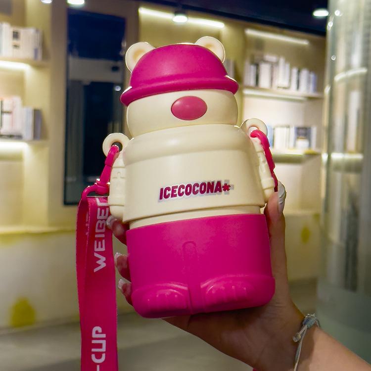 Láhev na vodu Kreslené Nerezová vakuová baňka Káva Mléko Cestovní šálek slámy Medvěd Láhev na vodu Izolovaná termoska