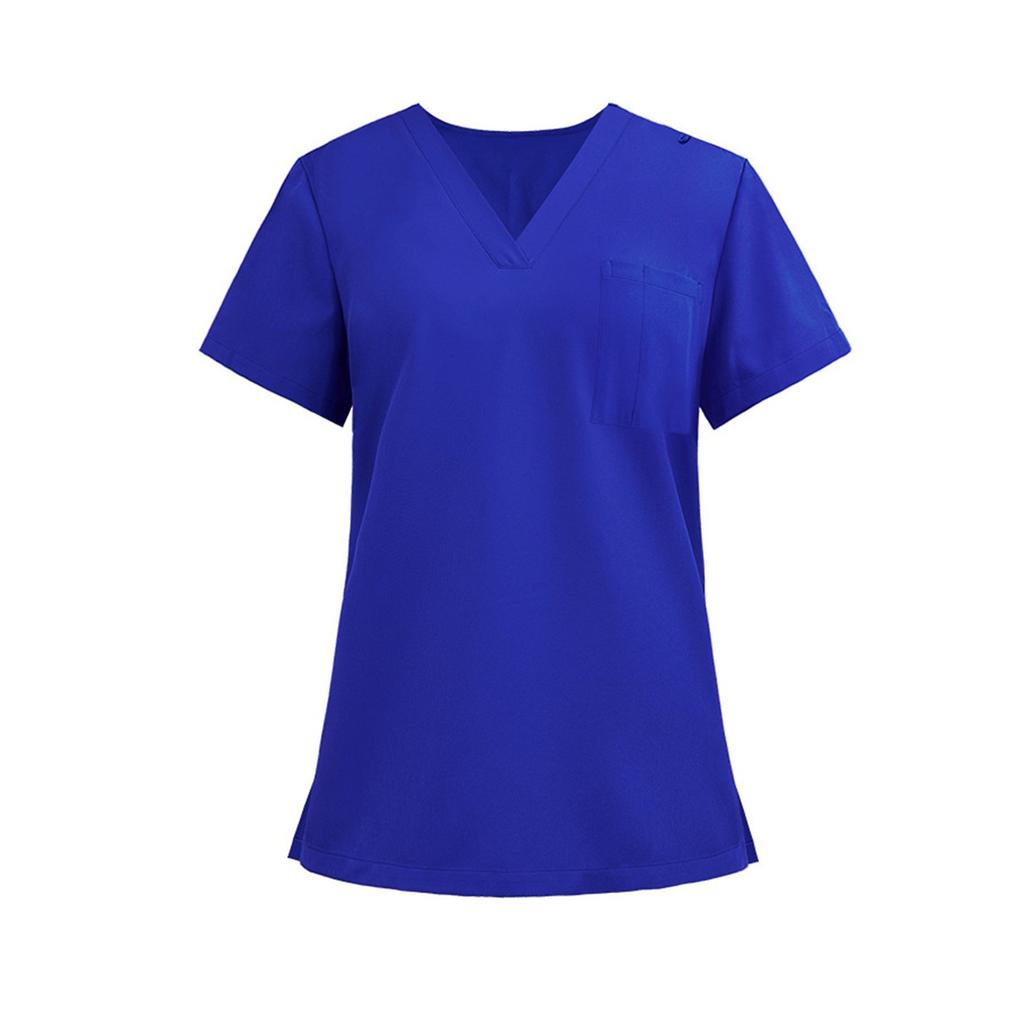 Ladies' Lightweight Solid Color V-neck Pocket Side Slit Short Sleeved Shirt
