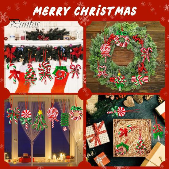 Rustic Holiday Ornaments 16 Pcs Christmas Lollipop Ornaments, Red Green Striped Peppermint Swirl Candy Cane Tree Decor Hanging Decoration, Colorful