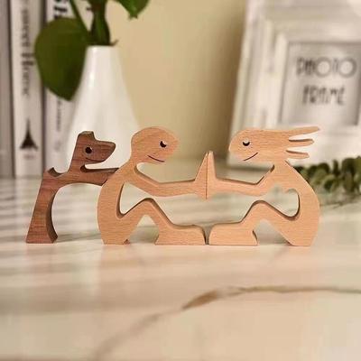Familie Welpe Holz Hund Handwerk Figurine Valentinstag Geschenk Carving Modell Home Office Dekoration Weihnachten Geschenk Paar Dekoration