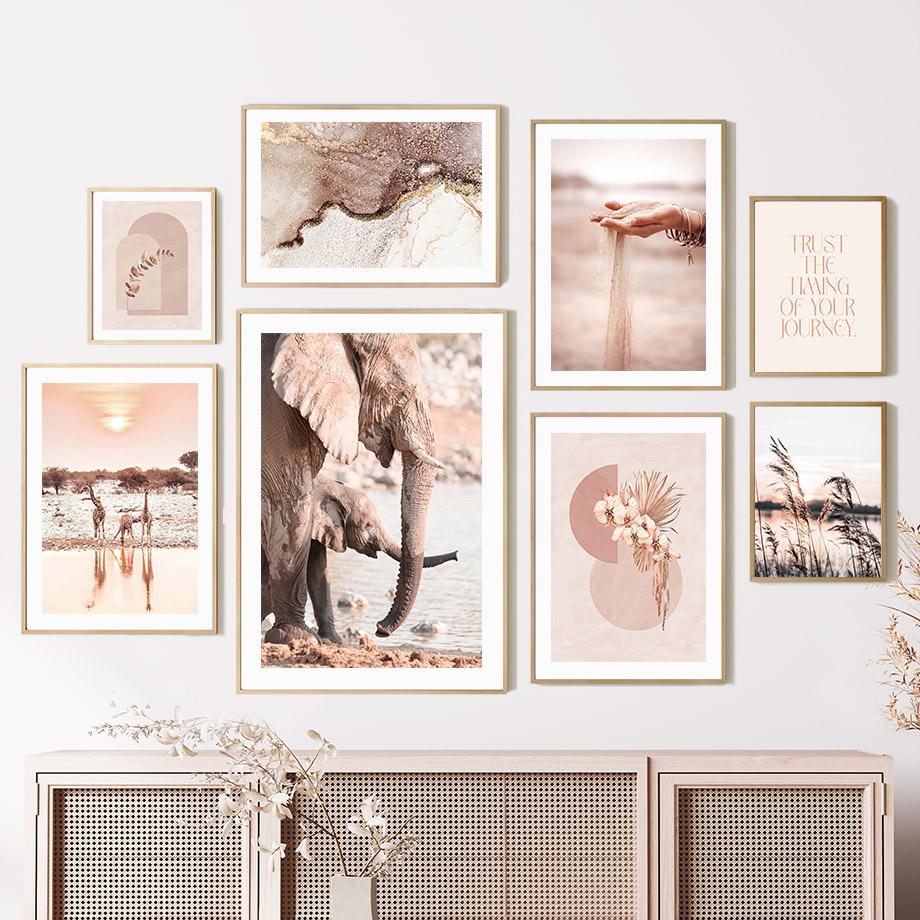 

Дикий слон Жираф Розовый пляжный песок Ручной цветок Декор для гостиной Настенная живопись на холсте Плакаты и принты Домашние фотографии