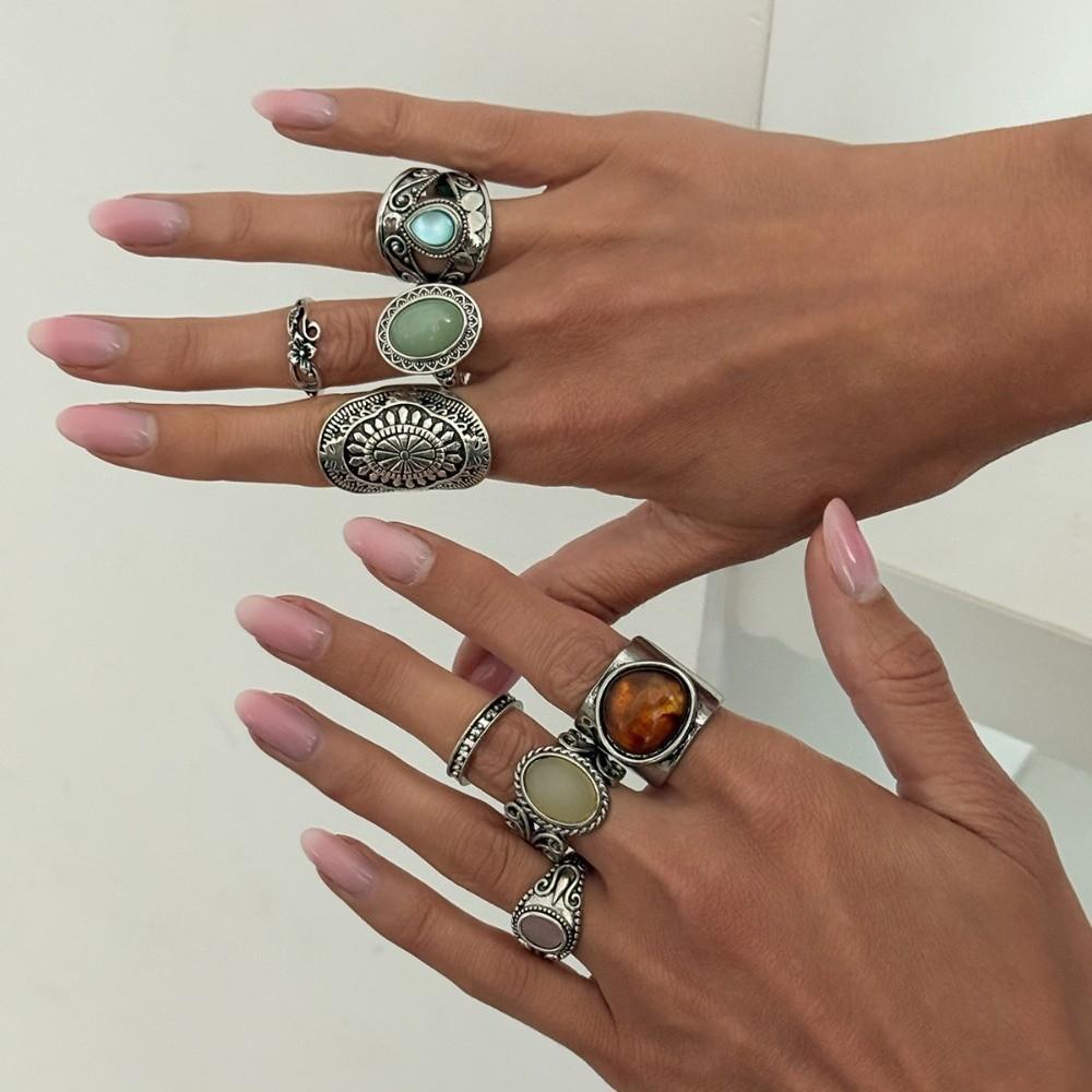 8Pcs/Set Carved Wide Band Stackable Rings Antique Silver Tone Carved Pattern Rings  Daily Match