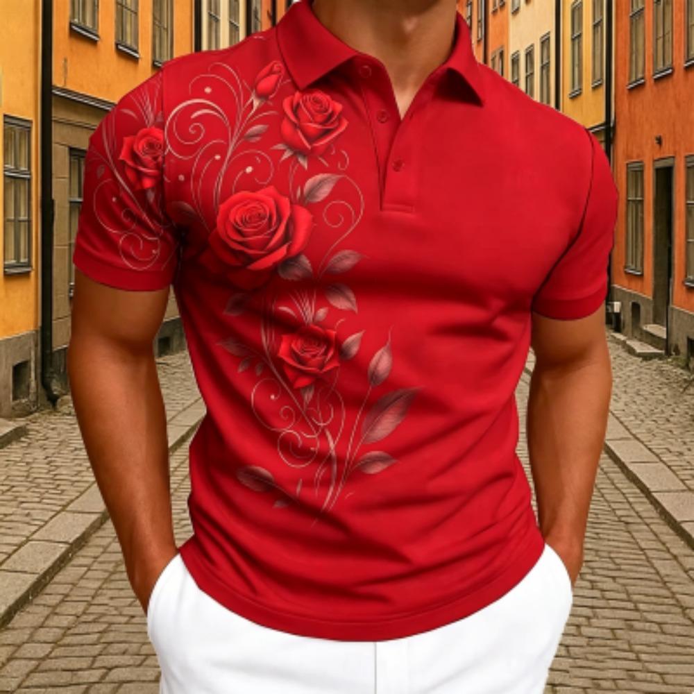 Elegantes Rotes Rosen-Blumenmuster Poloshirt Herren Outdoor Street Kurzarm T-Shirts Oberteil Sommer Zuhause Lässiges T-Shirt Herren und Damen Poloshirt