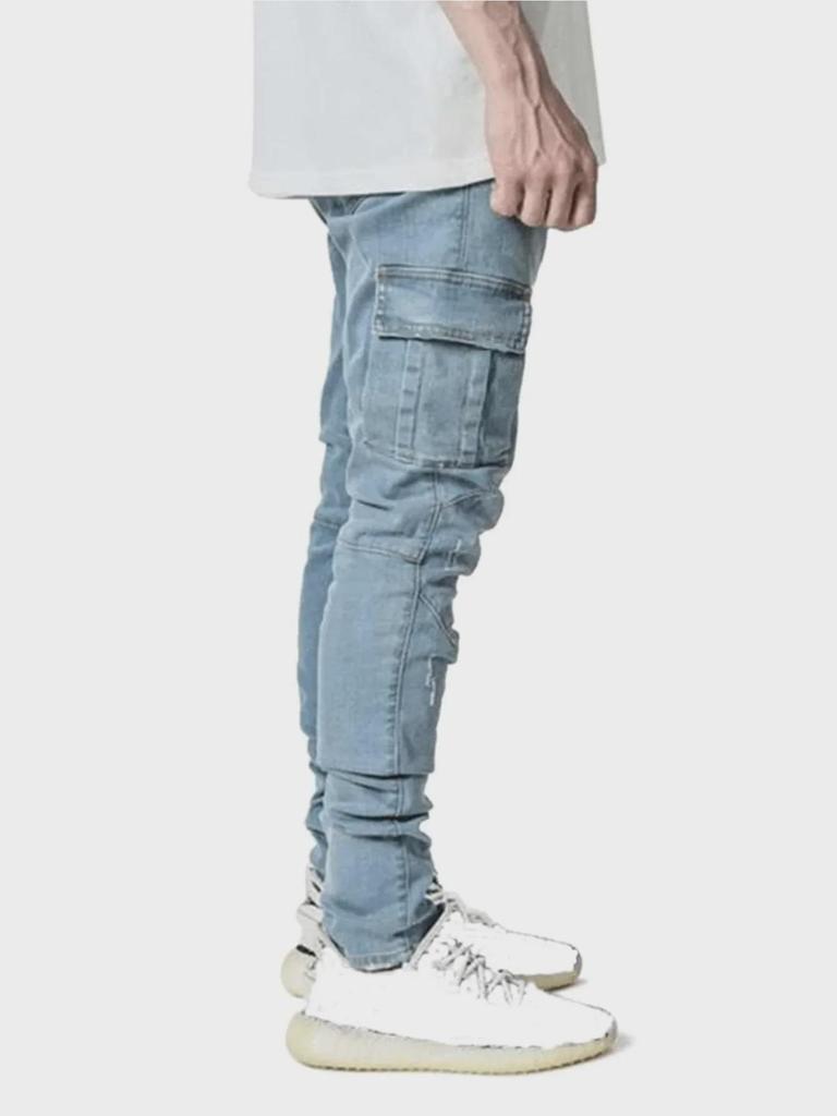 Europäische Lässige Trendige Elastische Mehrfach-Taschen Skinny Herren Denim Arbeitskleidungshose