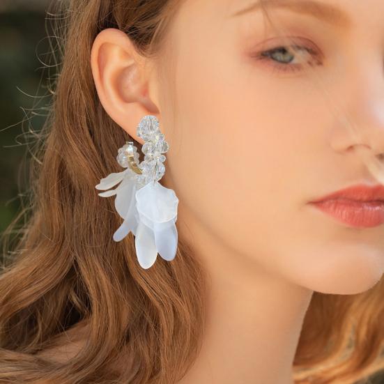 1 Pair Tassel Stud Earrings Faux Crystal Clear Acrylic Petal Decor Drop Earrings Holiday Statement Earrings