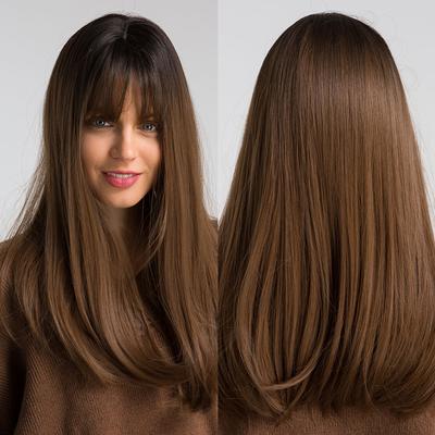 Sentetik kahküllü peruk Ombre Siyah Koyu Kahverengi Uzun Düz Peruk Siyah Kadın Kızlar için Cosplay Parti Günlük Saç