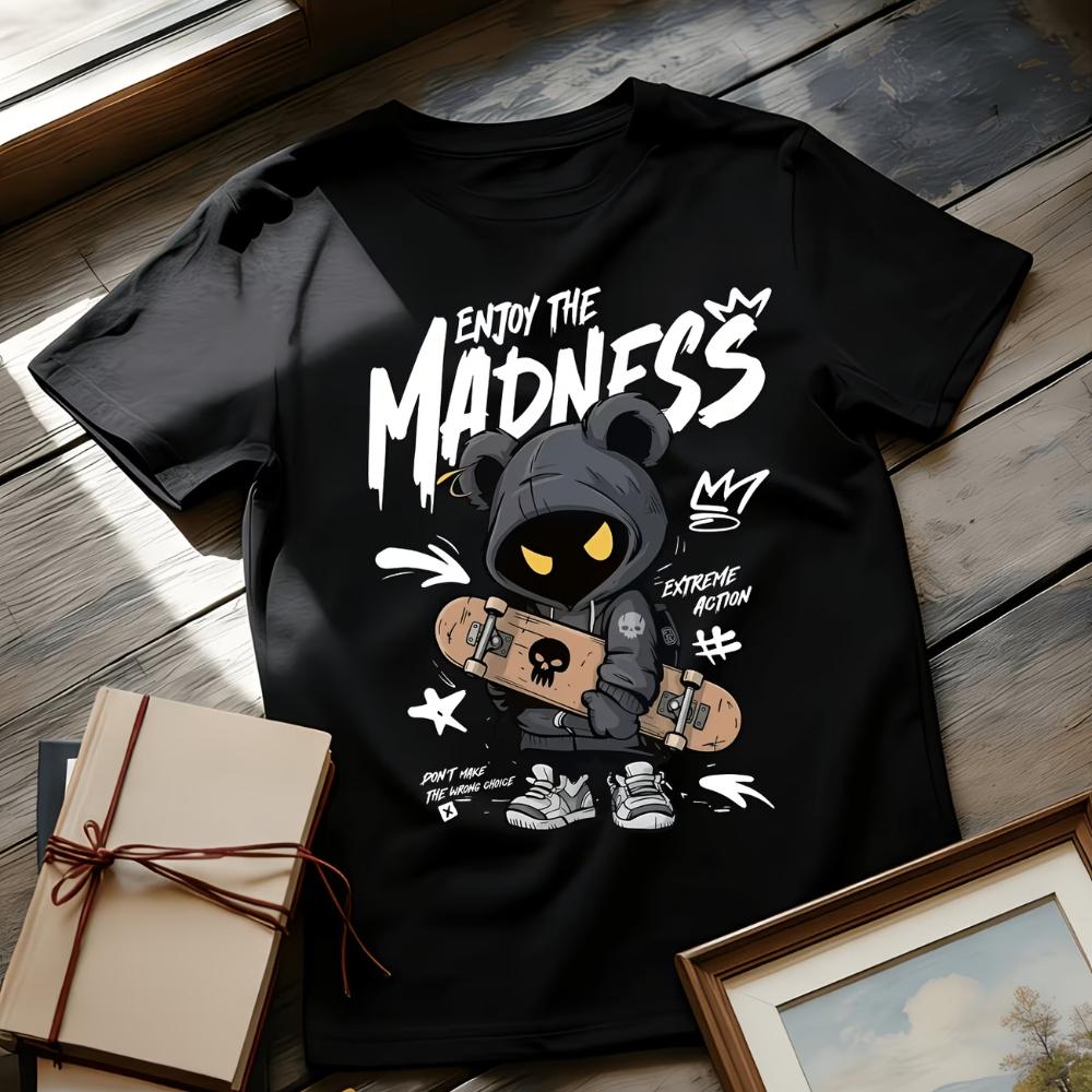 Summer Boys Girls Hooded Bear ENJOY THE MADNESS T Shirt Kids Baby Youth Unisex Unisex Tee Novelty Vintage Streetwear Y2K Harajuku
