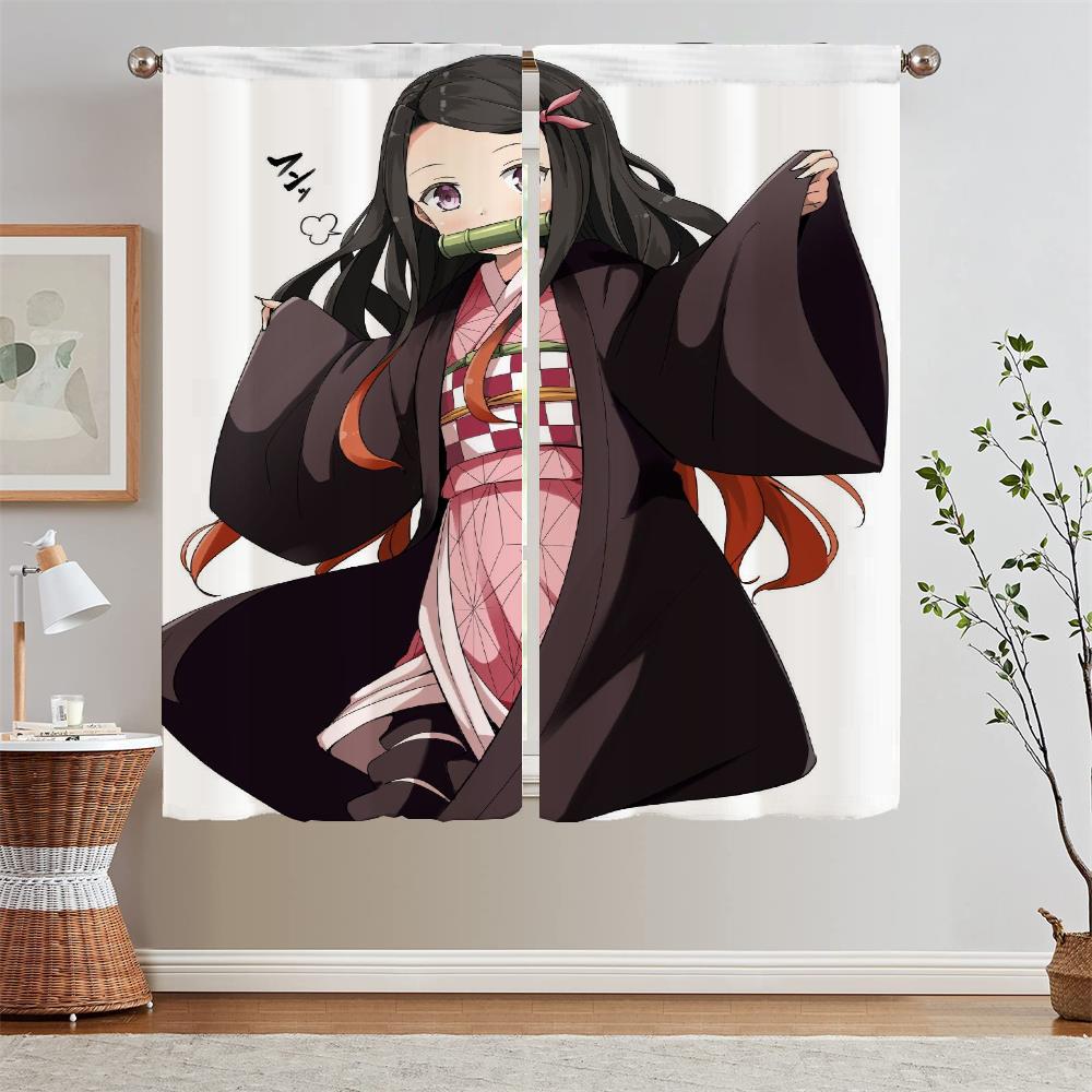 Nezuko Kamado Curtain Window Curtains for Living Room Decoration Curls Tulle In Kitchen Curtains 2 Pieces Window Blinds Blackout