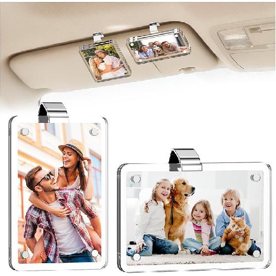 2Pcs Car Picture Holder, Acrylic Car Visor Photo Clip, Personalized Car Accessories Magnetic Car Sunshade Photo Frame For Adding Family Or Personal