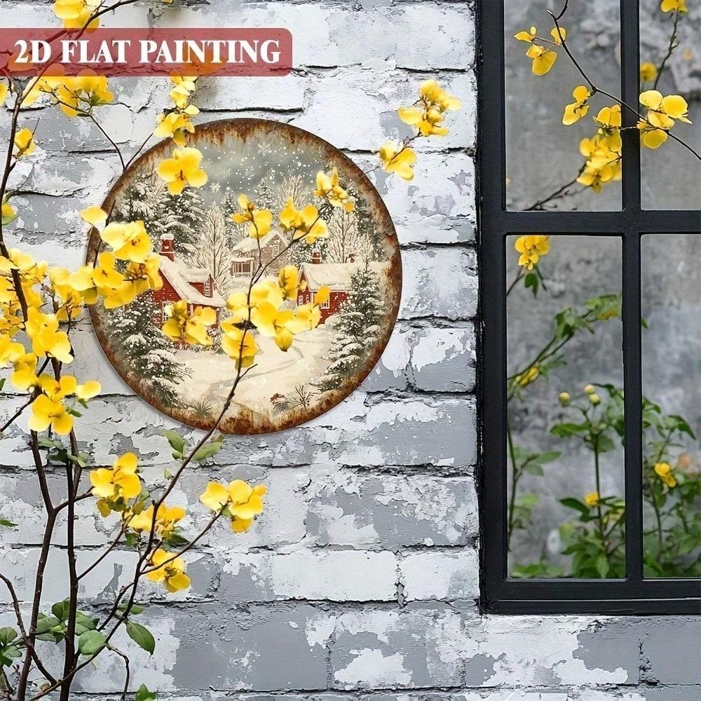 HUIHAY 8 Inch Round Metal Wall Art Red Cabin Snowy Landscape Christmas Winter Decor