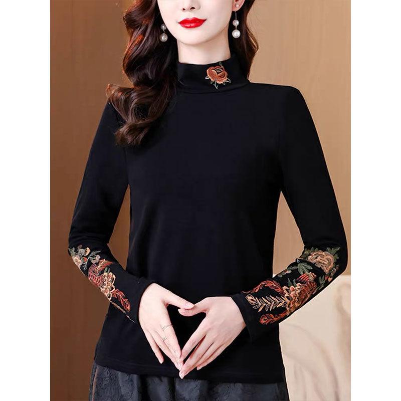 

Осень Зима Половинный высокий воротник Этнический стиль Винтажная вышивка Пуловер Топ Женский Длинный рукав Базовая футболка Футболка M чёрный