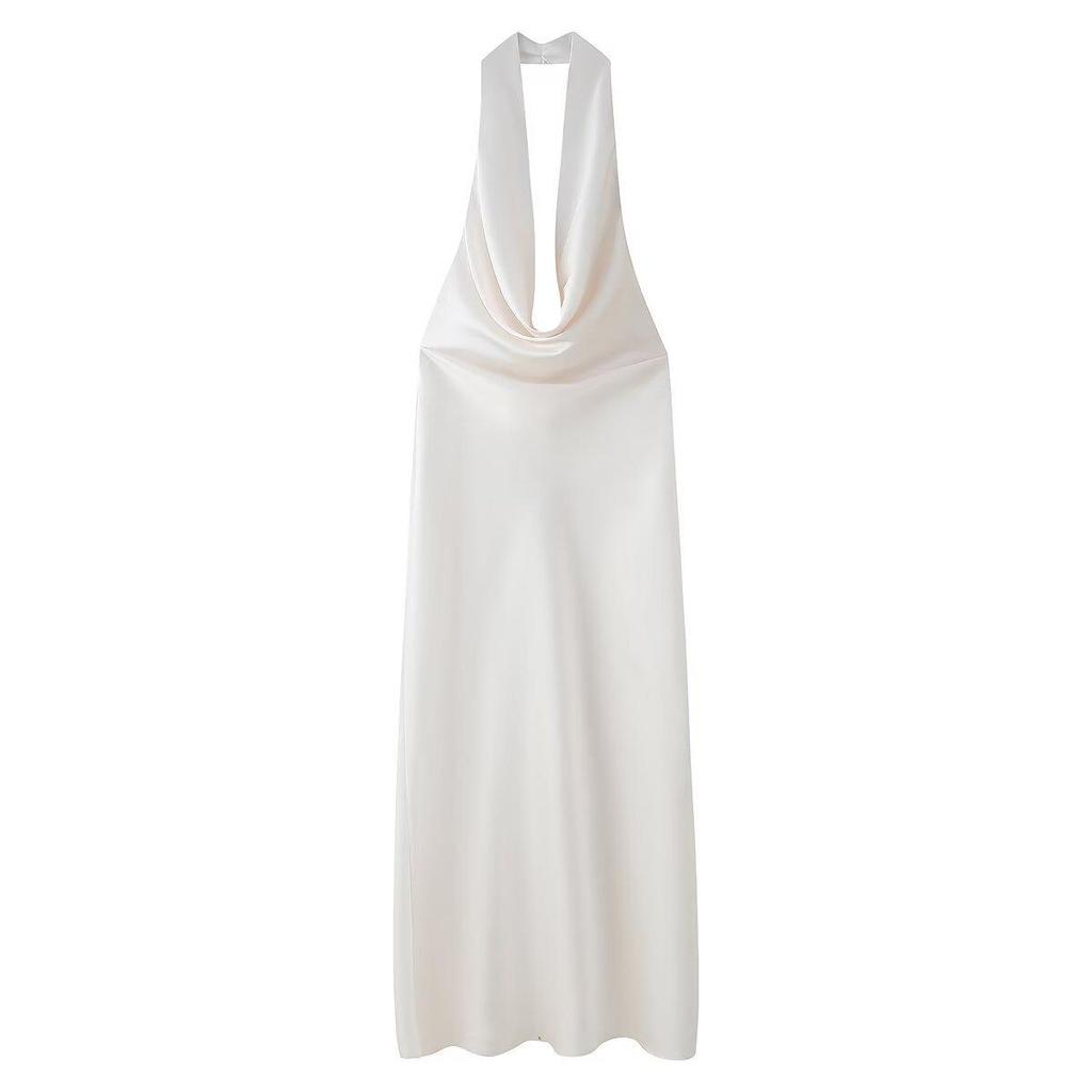 Women's Spring 2025 European & American Style Backless Silk Satin Midi Dress