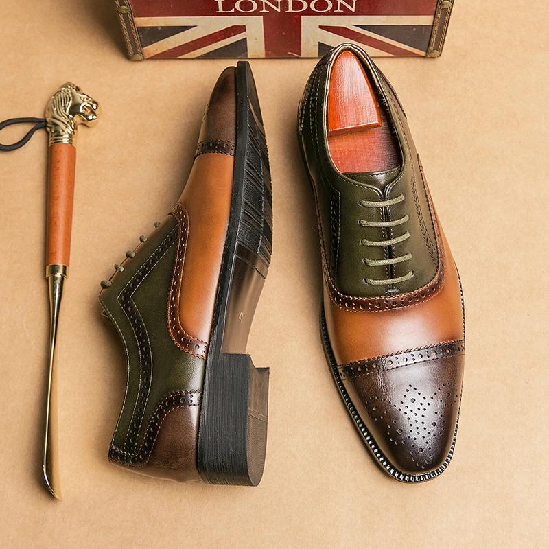 New Men Dress Shoes Brogue Shoes Square Toe Mixed Colors Lace-up Business Shoes for Men with